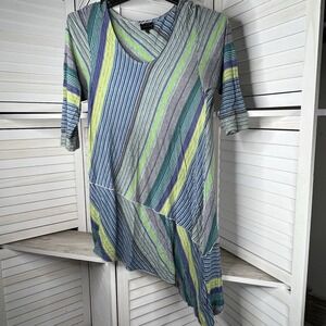Staples Asymmetrical Tunic Top Large(READ) Striped V-Neck 3/4 Sleeve Made in USA